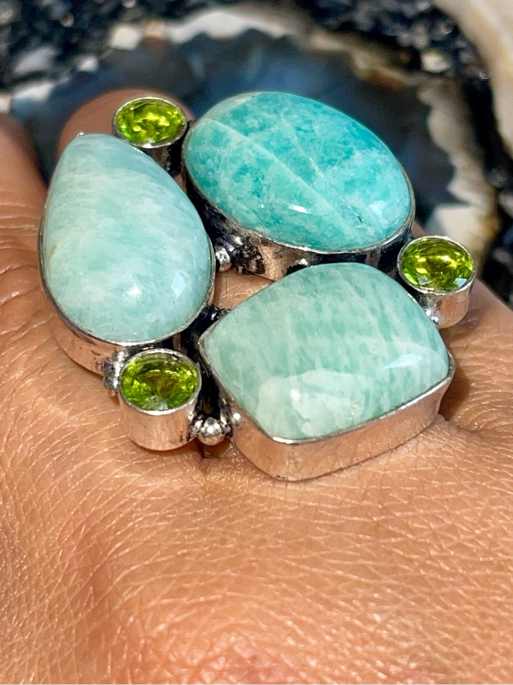 Large Soft Milky Green Amazonite Crystal Ring Size 8 1/4